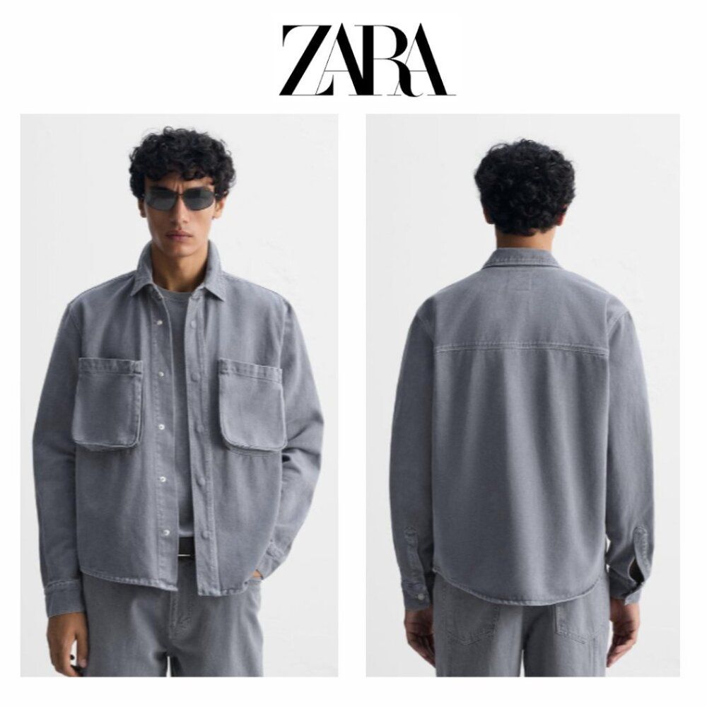 Zara Grey Denim Overshirt with Pockets and Patches